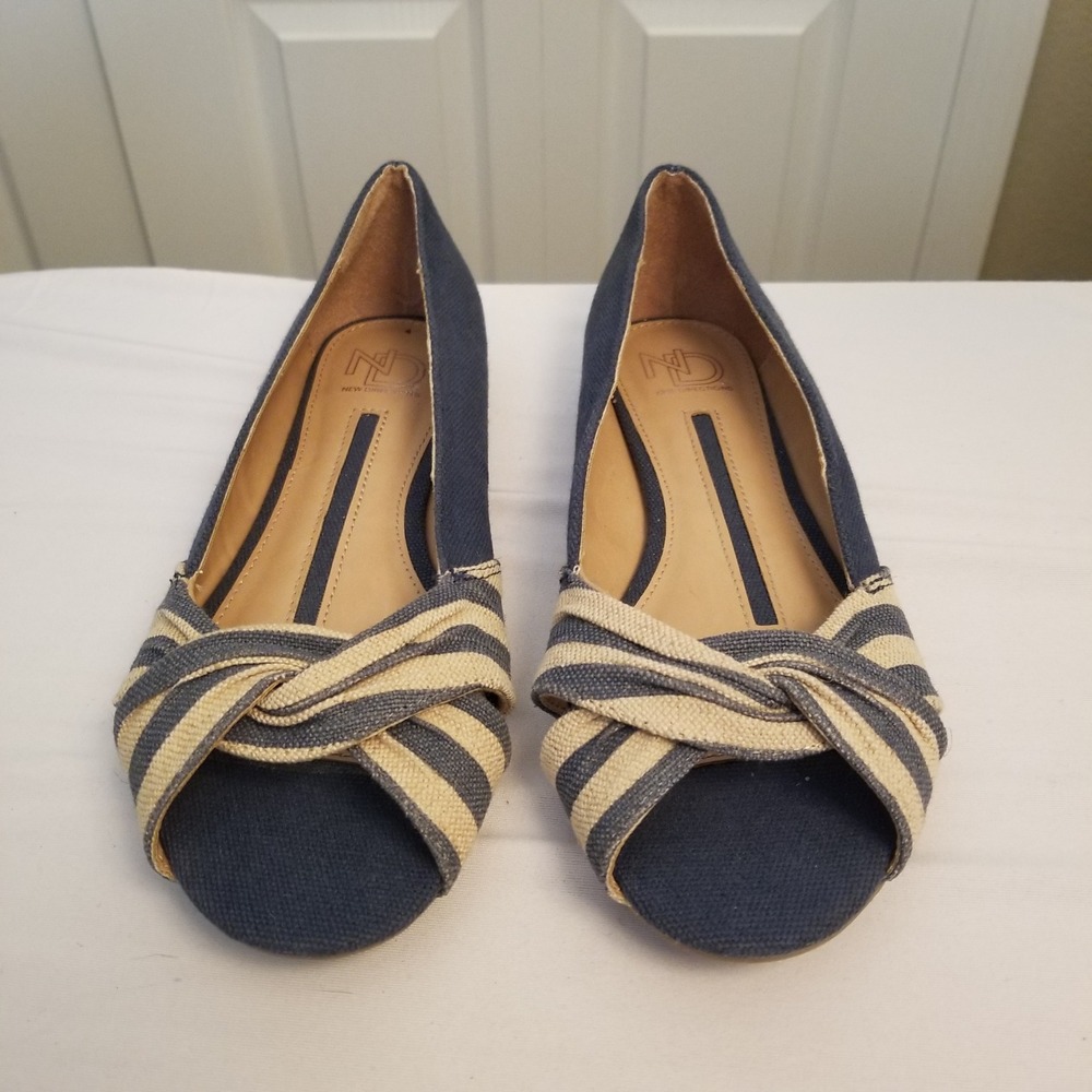 New Directions Navy Blue Striped Canvas Peep Toe Knot Flats Womens Shoes Size 8